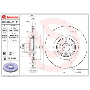 Remschijf BREMBO 09C49211 voorkant, geventileerd, sterk gecarboniseerd, 1 Stuk