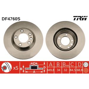 Jarrulevy TRW DF4760S edessä, tuuletettu, erittäin hiilihappoinen, 1 kpl