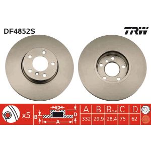 Jarrulevy TRW DF4852S edessä, tuuletettu, erittäin hiilihappoinen, 1 kpl