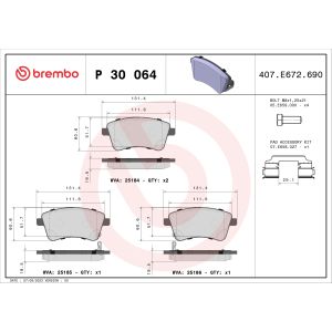 Kit de plaquettes de frein, frein à disque BREMBO P 30 064, Avant
