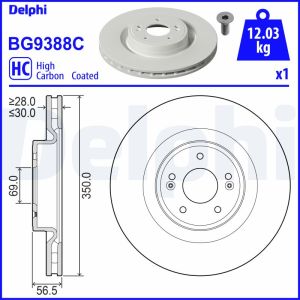 Disque de frein DELPHI BG9388C avant, ventilé, à haute teneur en carbone, 1 pièce