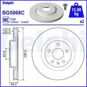 Disque de frein DELPHI BG5068C avant, ventilé, à haute teneur en carbone, 2 Stück