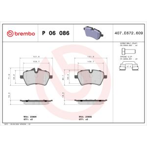 Kit de plaquettes de frein, frein à disque BREMBO P 06 086, Avant