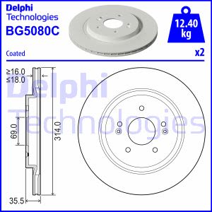 Remschijven DELPHI BG5080C achter, geventileerd, volledig, 2 Stuk