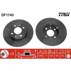 Remschijf TRW DF1740 voorkant, compleet, 1 Stuk