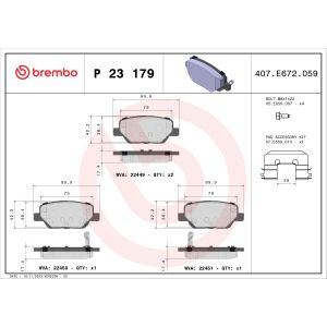 Kit de plaquettes de frein, frein à disque BREMBO P 23 179, Arrière