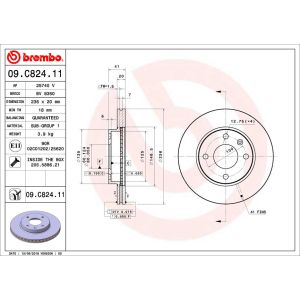 Remschijf BREMBO 09C82411 voorkant, geventileerd, 1 stuk