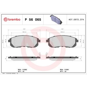 Kit de plaquettes de frein, frein à disque BREMBO P 56 065, Avant