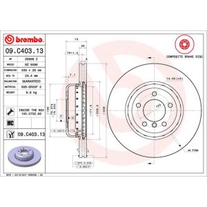 Jarrulevy BREMBO 09C40313 edessä, tuuletettu, erittäin hiilihappoinen, 1 kpl