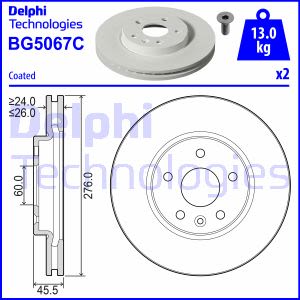 Discos de freno DELPHI BG5067C delantero, ventilado , 2 Pieza