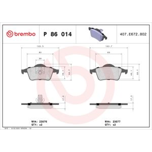 Conjunto de pastilhas de travão BREMBO P 86 014, atrás