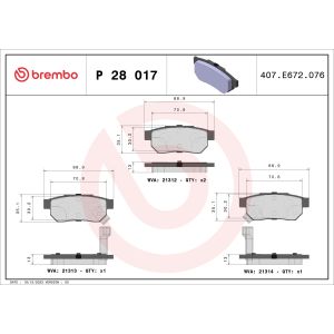 Kit de plaquettes de frein, frein à disque BREMBO P 28 017, Arrière