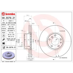 Jarrulevy BREMBO 9557921 edessä, tuuletettu, erittäin hiilihappoinen, 1 kpl