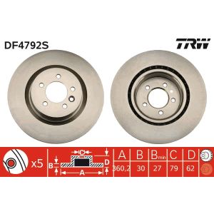 Jarrulevy TRW DF4792S edessä, tuuletettu, erittäin hiilihappoinen, 1 kpl