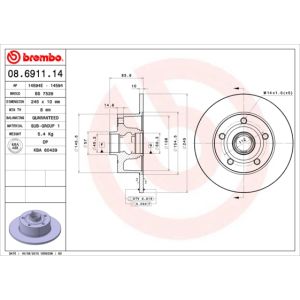 Jarrulevy, full BREMBO 08.6911.14, Takana, 1 kpl