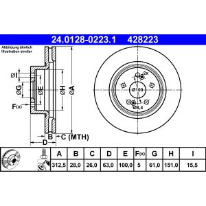 Disco de freno ATE 24.0128-0223.1 frente, ventilado, altamente carbonizado, 1 pieza