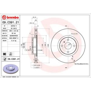 Remschijf BREMBO 09C39121 voorkant, geventileerd, sterk gecarboniseerd, 1 Stuk