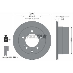 Disque de frein TEXTAR 92249403 à l'arrière, ventilé, 1 pièce