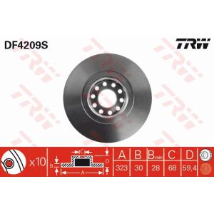 Remschijf TRW DF4209S voorkant, geventileerd, sterk gecarboniseerd, 1 stuk