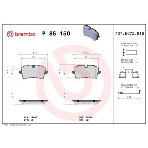 Jeu de plaquettes de frein BREMBO P 85 150, arrière