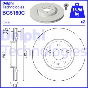 Remschijven DELPHI BG5160C voorkant, geventileerd, 2 Stuk