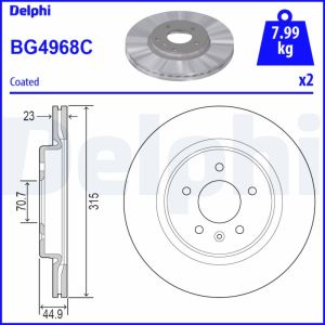 Disco de travão DELPHI BG4968C traseira, ventilado, 2 Peça