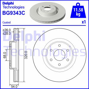 Disco de freno DELPHI BG9343C delantero, ventilado , 1 Pieza