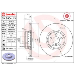 Disco de travão BREMBO 09D90413 frente, ventilado, altamente carbonizado, 1 Peça