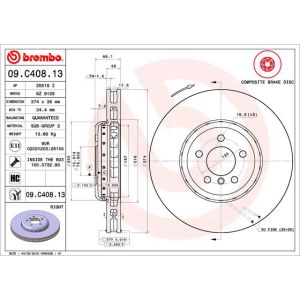 Bremsscheibe BREMBO 09C40813 vorne, belüftet, hochkarbonisiert, 1 Stück