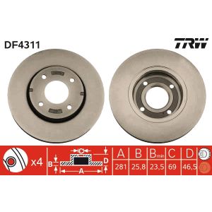 Jarrulevy TRW DF4311 edessä, tuuletettu, 1 kpl