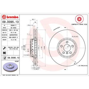 Remschijf BREMBO 09D09513 voorkant, geventileerd, sterk gecarboniseerd, 1 Stuk