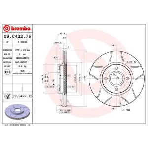 Jarrulevy BREMBO 09C42275 edessä, tuuletettu, uritettu, 1 kpl