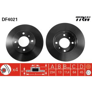 Remschijf TRW DF4021 voorkant, compleet, 1 Stuk