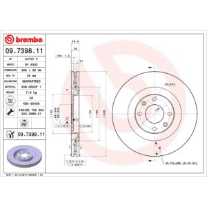 Jarrulevy, tuuletettu BREMBO 09.7398.11, Edessä, 1 kpl