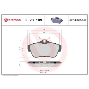 Jeu de plaquettes de frein à disque BREMBO P 23 189, Arrière