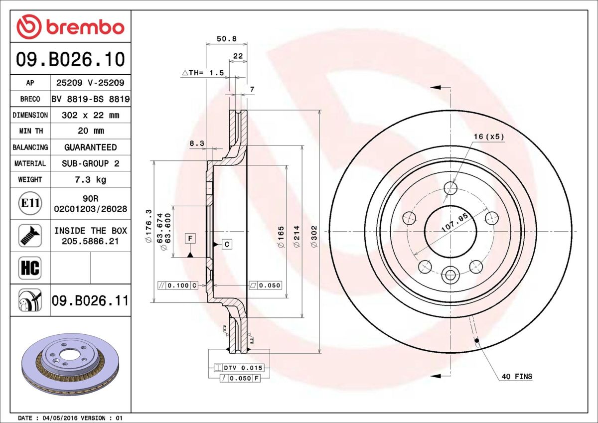Диск гальмівний VOLVO XC60 I ДЖИП (156) 2.4 2008.05-2017.12 BREMBO (09.B026.11) BREMBO фото 6