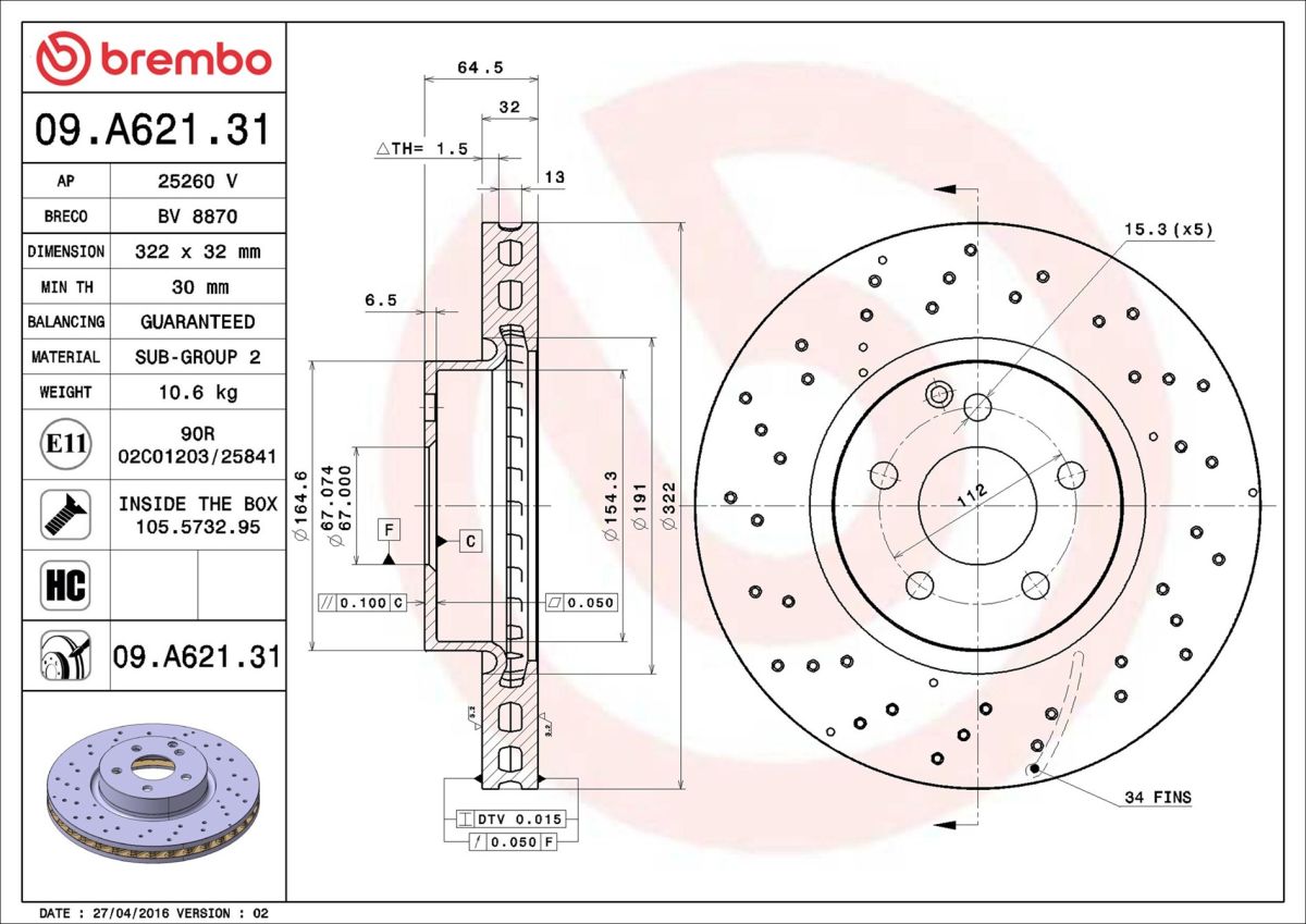 Диск гальмівний MB E-CLASS КУПЕ (C207) 1.8 2009.01-2016.12 BREMBO (09.A621.31) BREMBO фото 6