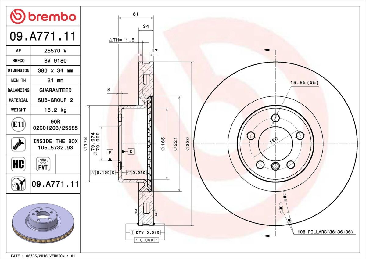 Диск гальмівний LAND ROVER RANGE ROVER III (L322) 4.4 2002.03-2012.12 BREMBO (09.A771.11) BREMBO фото 6