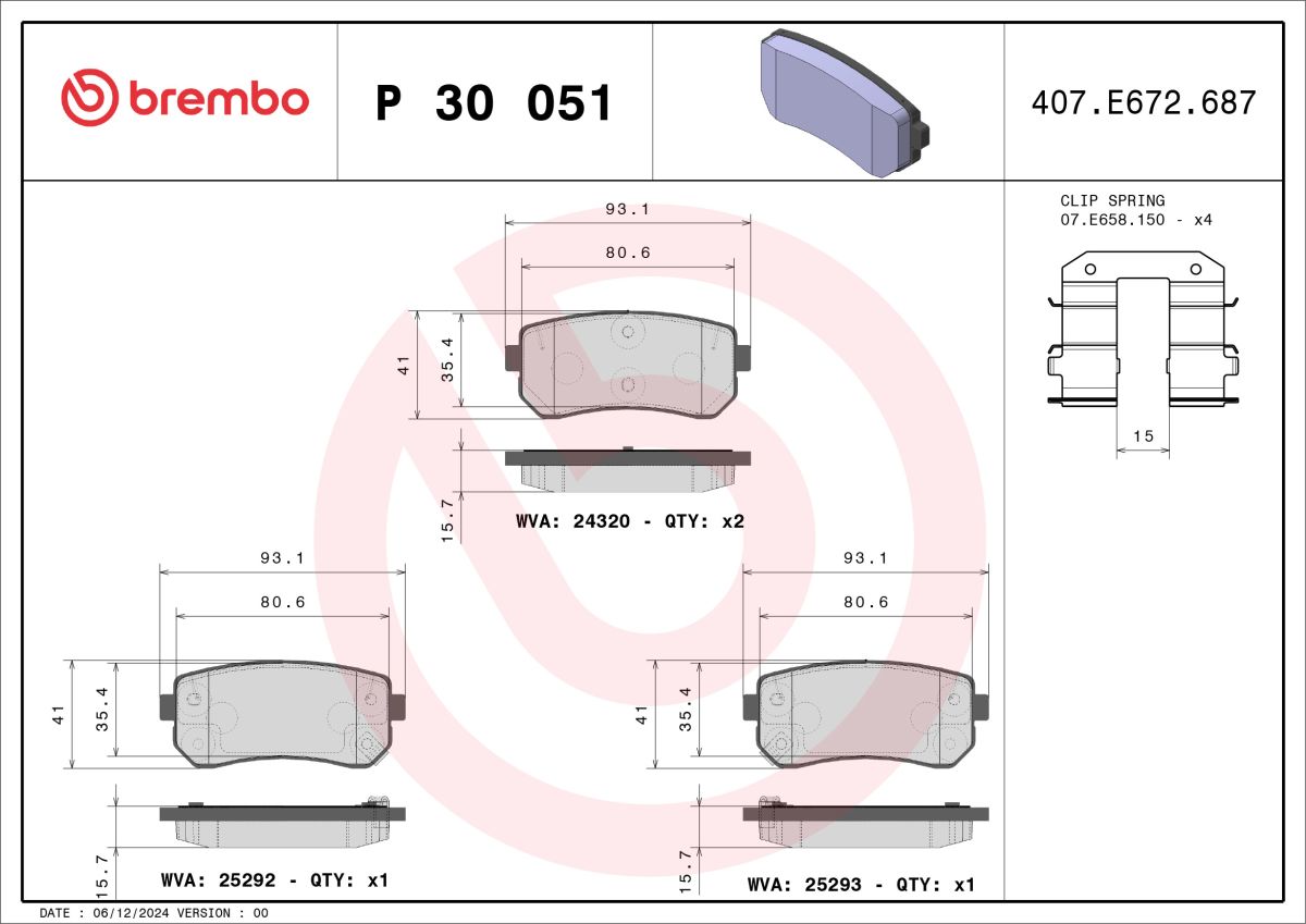 Колодки гальмівні дискові HYUNDAI SONATA VI (YF) 2.4 2009.06-2015.12 BREMBO (P30051) BREMBO фото 3