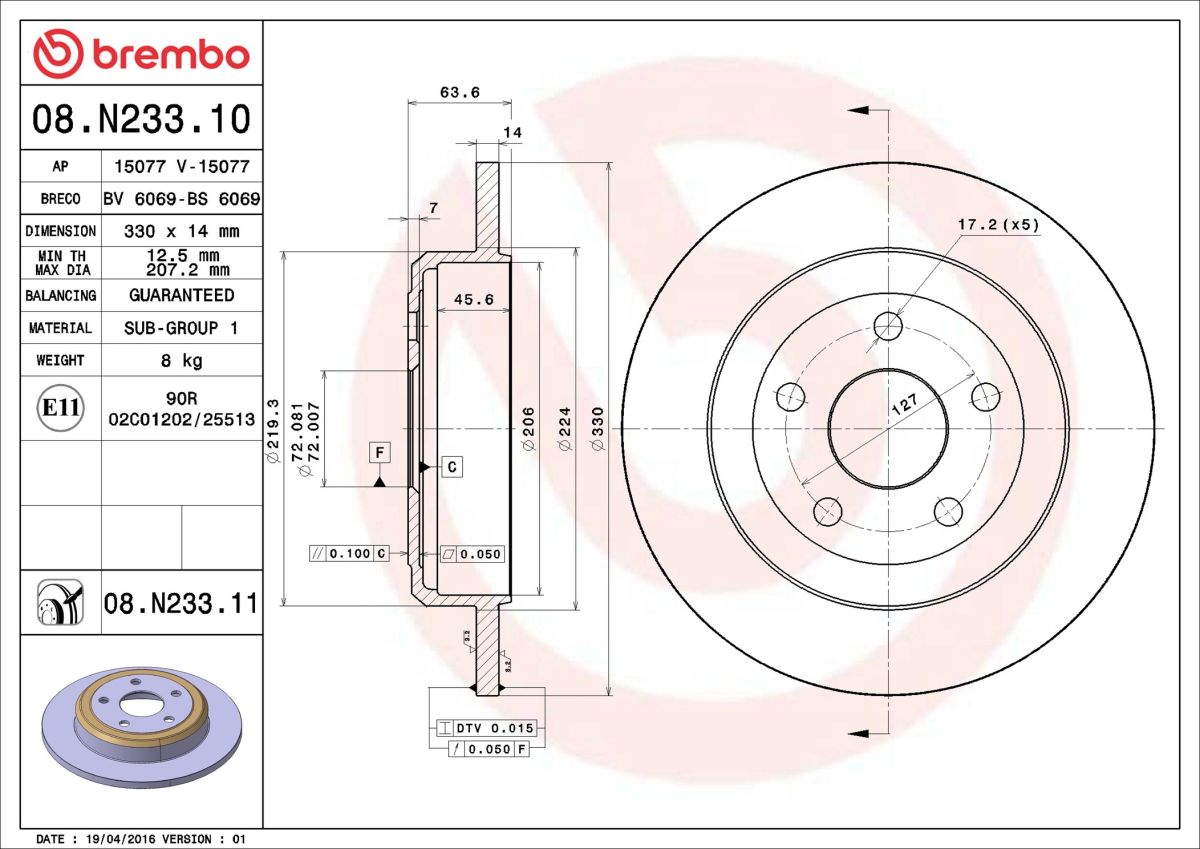 Диск гальмівний JEEP GRAND CHEROKEE IV (WK, WK2) 3.6 2010.06- BREMBO (08.N233.11) BREMBO фото 6