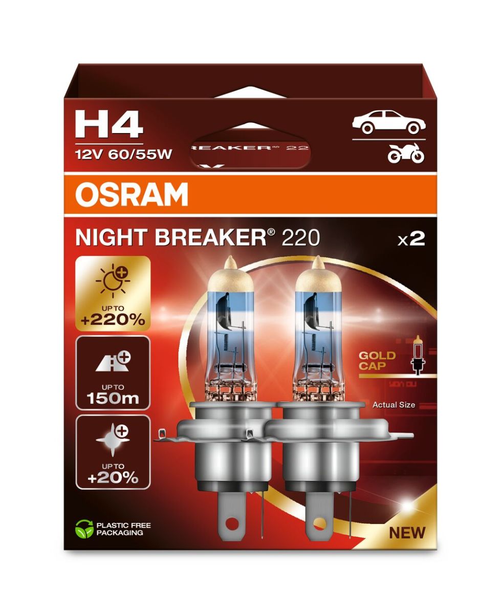 Лампа (Набір 2шт) H4 12В 60/55Вт P43T NIGHT BREAKER 220, Білий 4000K фото 3