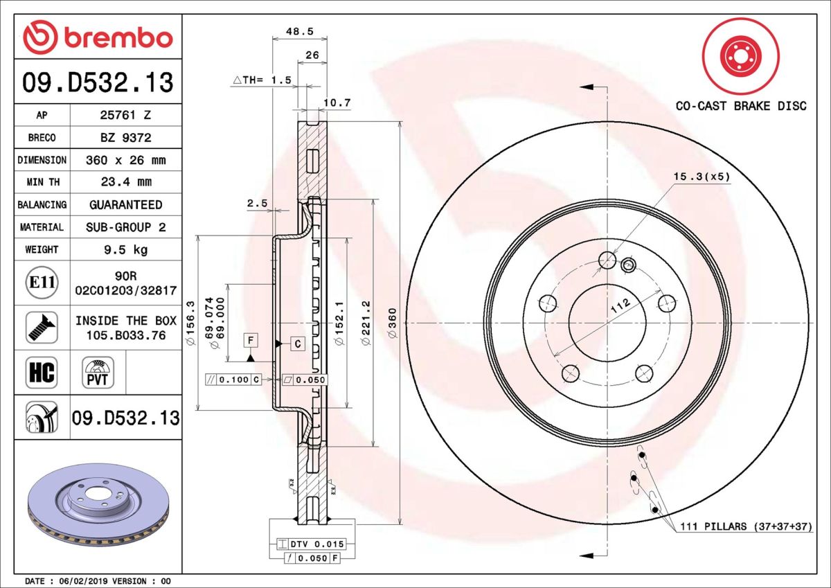 Диск гальмівний MB E-CLASS КУПЕ (C238) 3.0 2016.12- BREMBO (09.D532.13) BREMBO фото 6