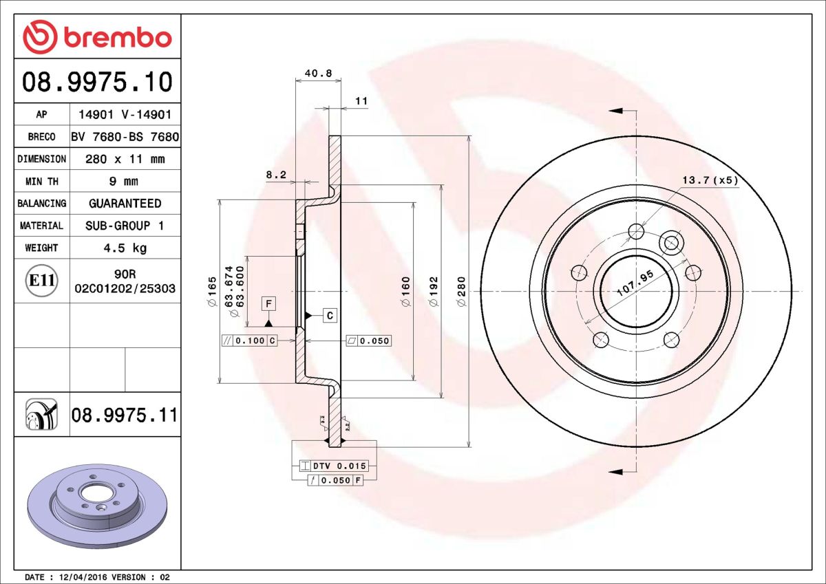 Диск гальмівний FORD FOCUS II TURNIER (DA_, FFS, DS) 1.6 2004.07-2012.09 BREMBO (08.9975.11) BREMBO фото 6