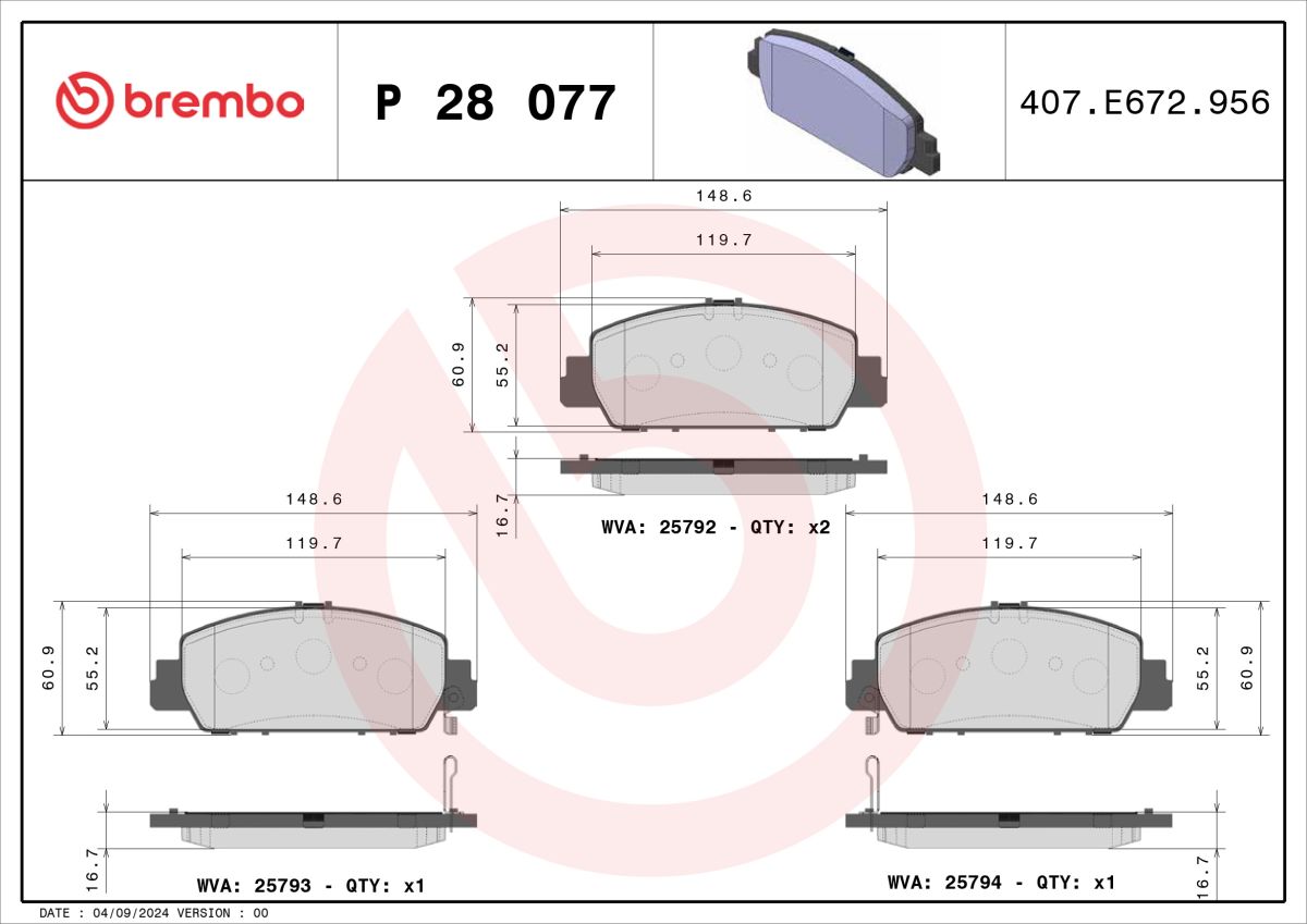Колодки гальмівні дискові HONDA ACCORD VIII (CU) 2.4 2008.04- BREMBO (P28077) BREMBO фото 5