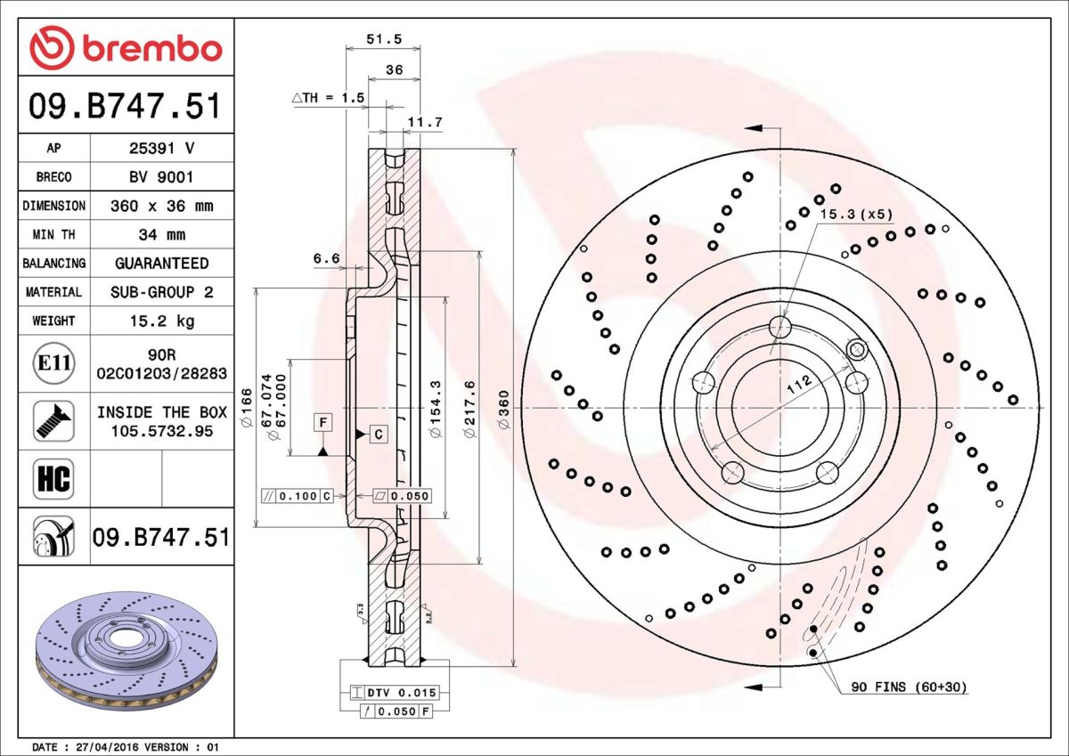 Диск гальмівний ПЕРФОРОВАНИЙ MB CLS (C218) 4.7 2011.01-2017.12 BREMBO (09.B747.51) BREMBO фото 6