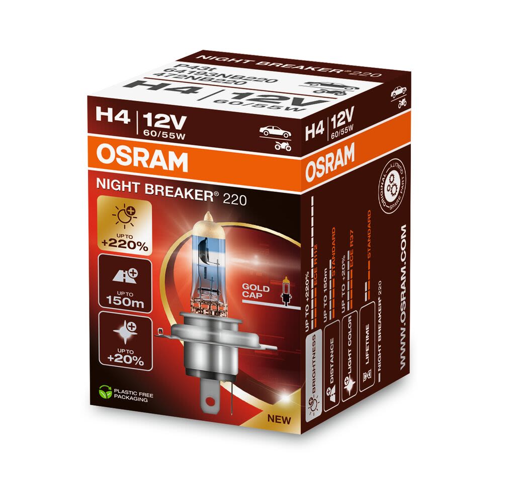 Автолампа галогенова 60/55W H4 12V 60/55W 4050K P43T / NIGHT BREAKER® 220 - НА 220% БІЛЬШЕ СВ OSRAM (64193NB220) osram фото 5
