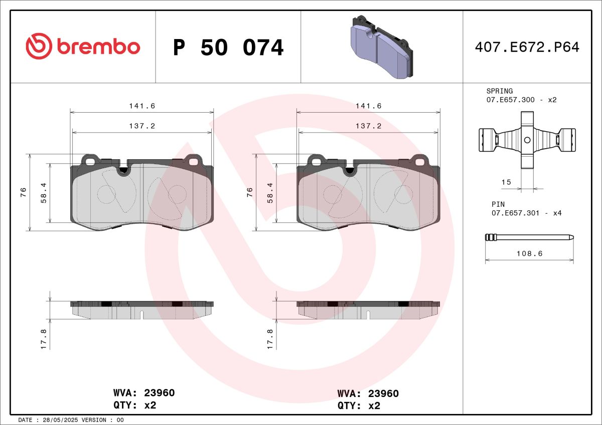Колодки гальмівні дискові MB S-CLASS (W221) 5.5 2005.09-2013.12 BREMBO (P50074) BREMBO фото 4