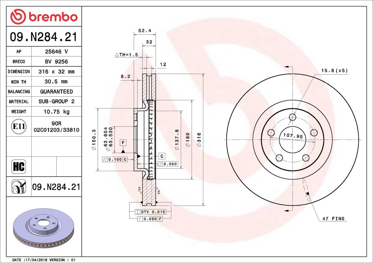 Диск гальмівний FORD GALAXY III (CK) 1.5 ECOBOOST 2015.01-2018.06 BREMBO (09.N284.21) BREMBO фото 6