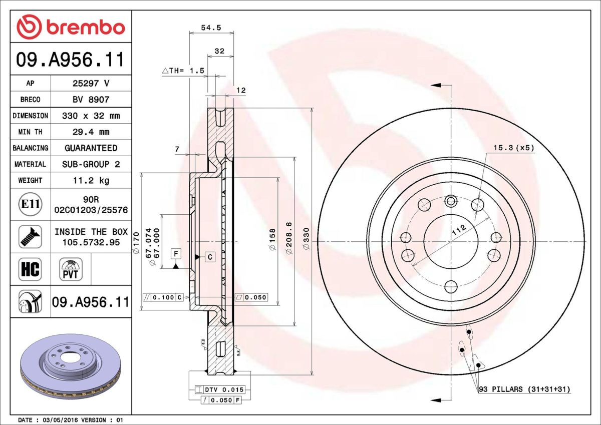 Диск гальмівний MB M-CLASS (W166) 3.0 2011.06-2015.12 BREMBO (09.A956.11) BREMBO фото 6