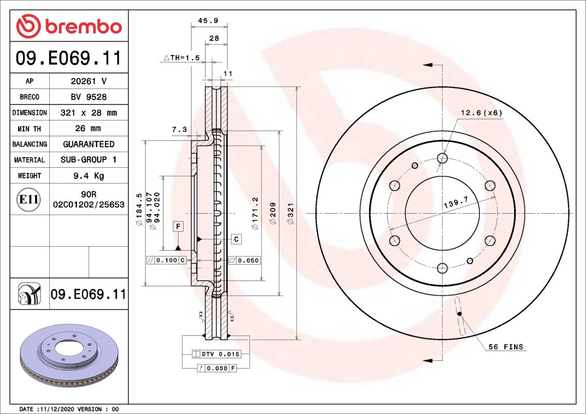 Диск гальмівний MITSUBISHI PAJERO SPORT III (KS_) 2.4 DI-D 4X4 (KS1W) 2015.08- BREMBO (09.E069.11) BREMBO фото 6